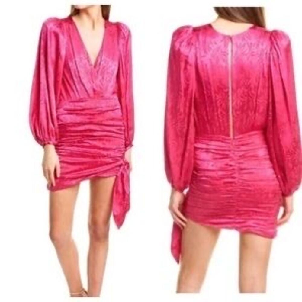 Ronny Kobo Giorgia Dress Fuchsia Silk‎ Blend Ruched Wrap Mini Long Sleeve
